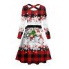 Christmas Plaid Snowman Snowflake Print Crisscross Belted Dress And Lace Up Over The Knee Boots Wine Glass Cap Shaped Drop Earrings Outfit - Rouge foncé S | US 4