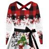 Christmas Plaid Snowman Snowflake Print Crisscross Belted Dress And Lace Up Over The Knee Boots Wine Glass Cap Shaped Drop Earrings Outfit - Rouge foncé S | US 4