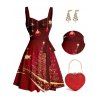 Christmas Tree Ball Star Print Belted Mini Dress And Heart-Shaped Rhinestone Handle Bag Drop Earrings Outfit - Rouge foncé S | US 4