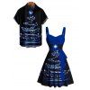 Christmas Snowflake Print Belted Mini Dress And Short Sleeve Button Up Dress Matching Outfit - Bleu profond S | US 4