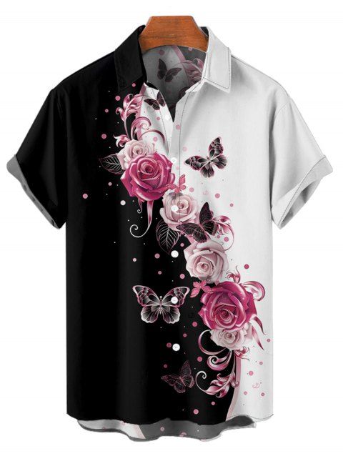 Men's Rose Print Roll Up Sleeve Shirt Button Up Short Sleeve Casual Gentleman Shirt