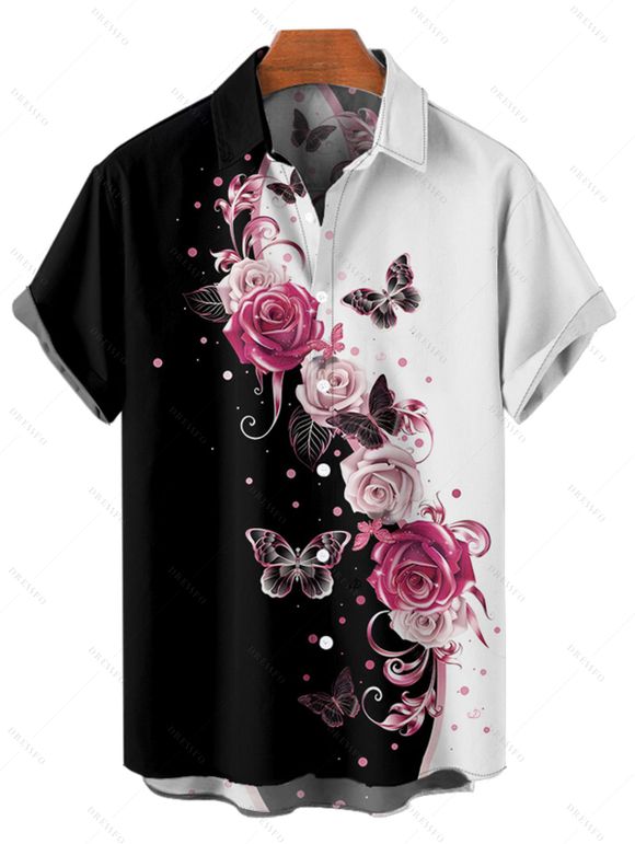 Chemise Décontractée Rose et Gentilhomme Imprimés à Manches Courtes - Blanc XL