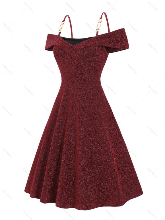 Robe de Soirée à Epaule Dénudée à Chaîne en Métal sans Manches à Paillettes - Rouge foncé S | US 4
