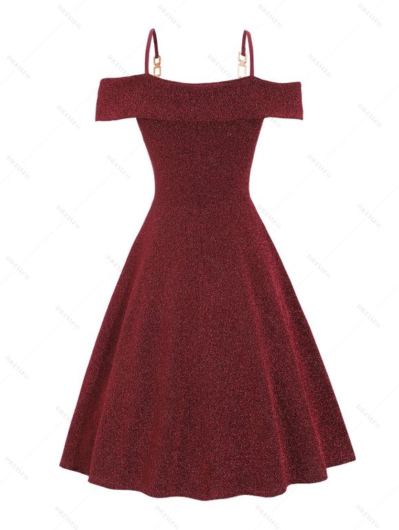 Robe de Soirée à Epaule Dénudée à Chaîne en Métal sans Manches à Paillettes - Rouge foncé S | US 4