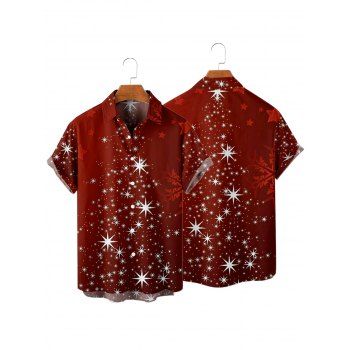 Christmas Snowflake Print Short Sleeve Shirt Button Up Turndown Collar Xmas Shirt