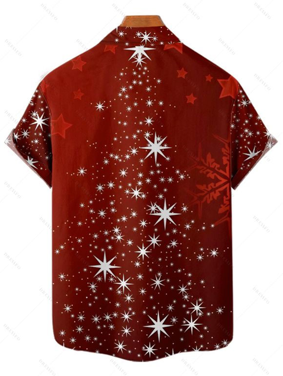 Chemise de Noël Boutonnée Flocon de Neige Imprimé Manches Courtes à Col Relevé - Rouge foncé L