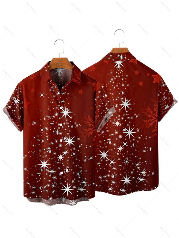 Chemise de Noël Boutonnée Flocon de Neige Imprimé Manches Courtes à Col Relevé - Rouge foncé L