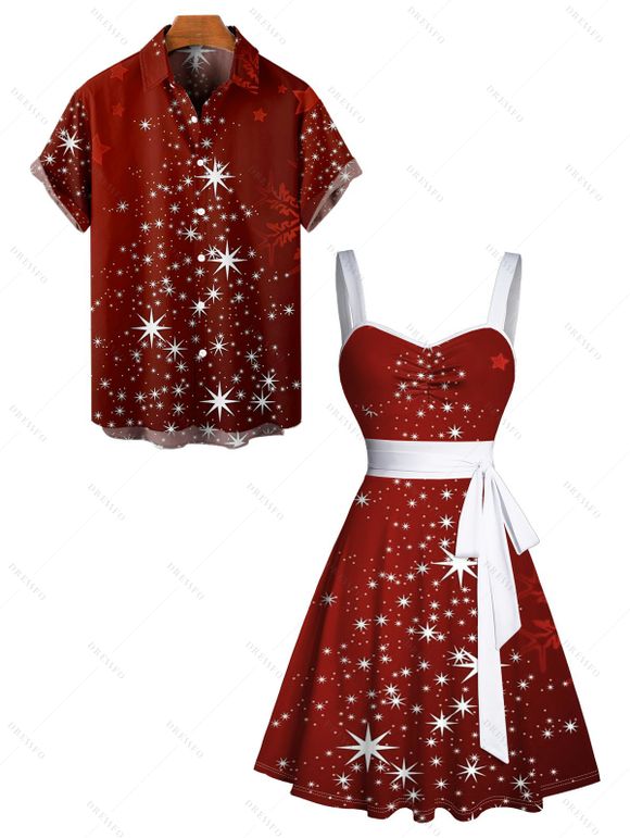 Christmas Snowflake Print Belted Mini Dress And Short Sleeve Button Up Dress Matching Outfit - Rouge foncé S | US 4
