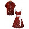 Christmas Snowflake Print Belted Mini Dress And Short Sleeve Button Up Dress Matching Outfit - Rouge foncé S | US 4