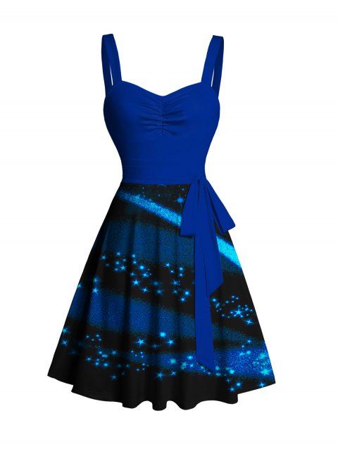Star Night Print Belted Mini Dress Ruched Bust Sweetheart Neck Sleeveless Dress