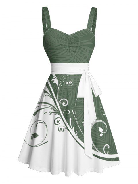Colorblock Leaf Print Belted Mini Dress Sleeveless Ruched Bust Vacation Dress