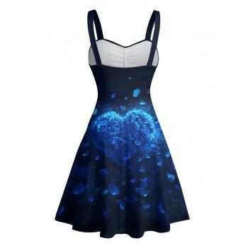 Rose Heart Print Belted Mini Dress Sleeveless Ruched Bust Sweetheart Neck Valentine`s Day Dress 