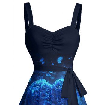 Rose Heart Print Belted Mini Dress Sleeveless Ruched Bust Sweetheart Neck Valentine`s Day Dress 