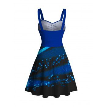 Star Night Print Belted Mini Dress Ruched Bust Sweetheart Neck Sleeveless Dress 