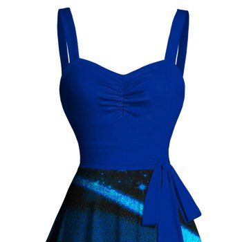 Star Night Print Belted Mini Dress Ruched Bust Sweetheart Neck Sleeveless Dress 