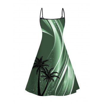 Ombre Coconut Tree Print V Neck Spaghetti Strap Dress Sleeveless Summer A Line Cami Dress 