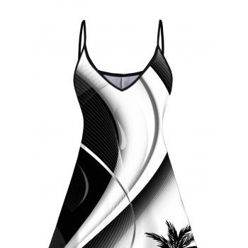 Ombre Coconut Tree Print V Neck Spaghetti Strap Dress Sleeveless Summer A Line Cami Dress 