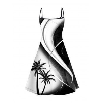 Ombre Coconut Tree Print V Neck Spaghetti Strap Dress Sleeveless Summer A Line Cami Dress 