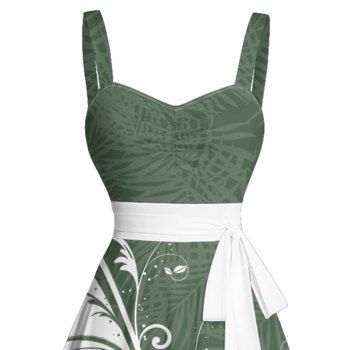Colorblock Leaf Print Belted Mini Dress Sleeveless Ruched Bust Vacation Dress 