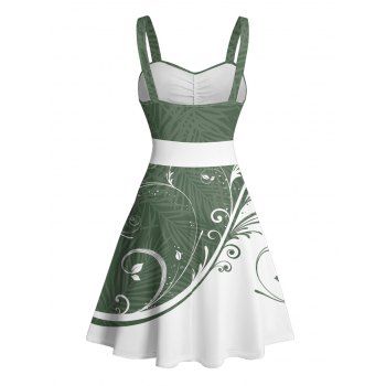 Colorblock Leaf Print Belted Mini Dress Sleeveless Ruched Bust Vacation Dress 