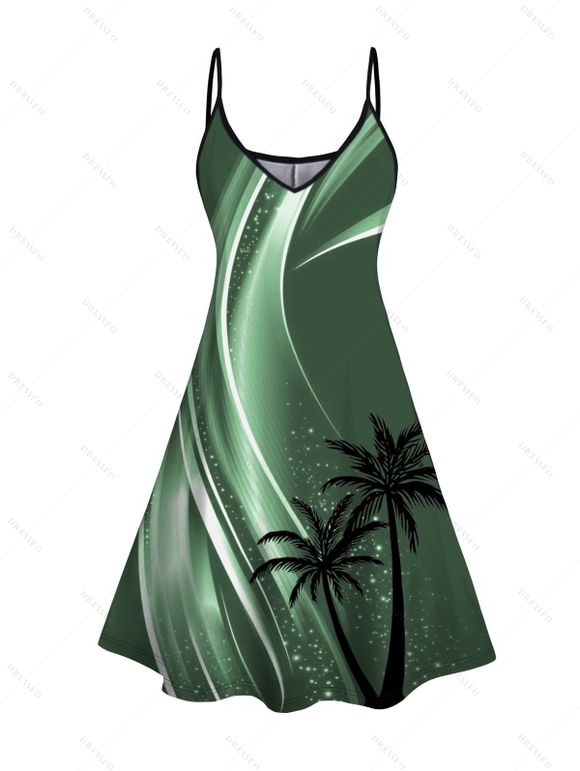 Robe D'Eté Ligne A Ombrée Cocotier Imprimé sans Manches à Bretelle Fine - Vert profond XXXXXL | US 20