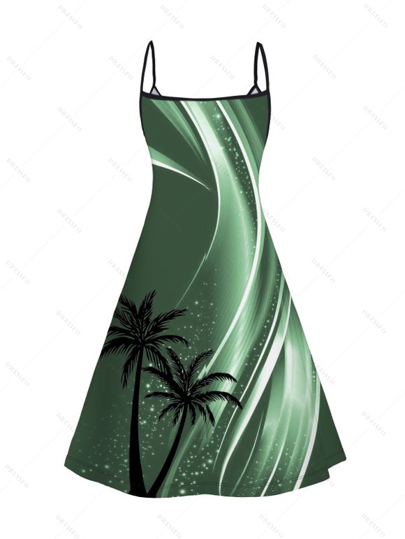 Robe D'Eté Ligne A Ombrée Cocotier Imprimé sans Manches à Bretelle Fine - Vert profond XXXL | US 16