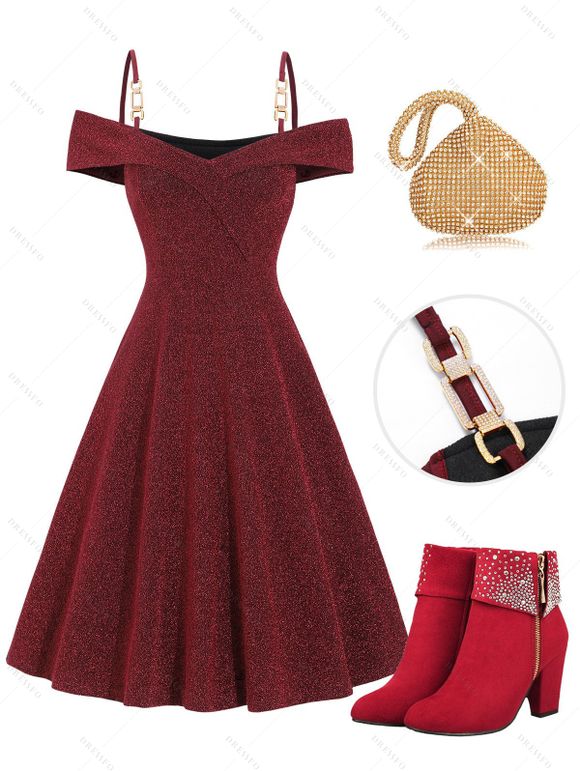 Sequin Fabric Chain Straps Cold Shoulder Mini Party Dress And Rhinestones Ankle Boots Shiny Faux Diamond Handbag  Outfit - Rouge foncé S | US 4