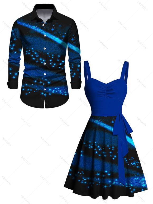 Star Night Print Ruched Bust Belted Mini Dress And Long Sleeve Button Up Shirt Matching Outfit - Bleu profond S | US 4