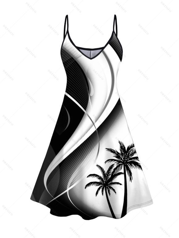 Ombre Coconut Tree Print V Neck Spaghetti Strap Dress and Roll Up Sleeve Shirt Outfit - Noir S | US 4