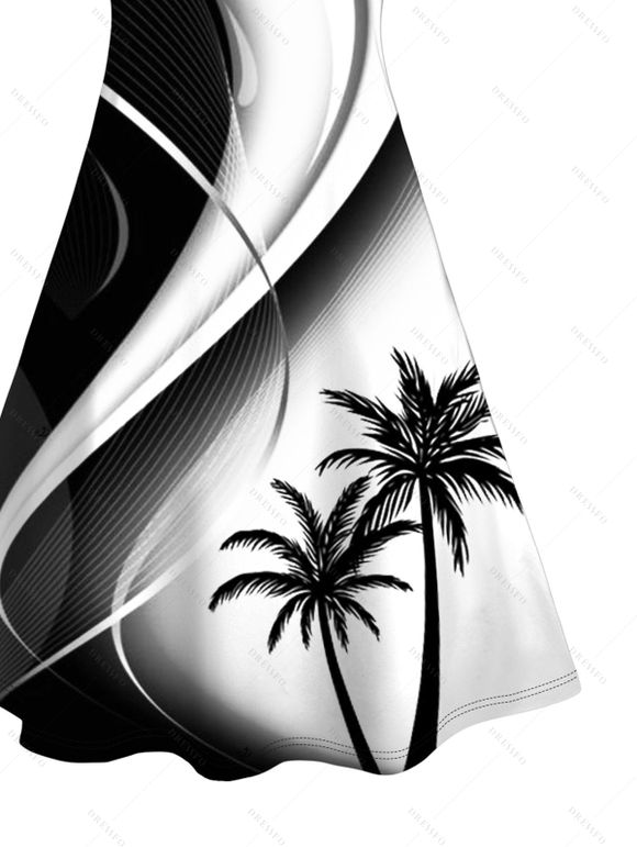 Ombre Coconut Tree Print V Neck Spaghetti Strap Dress and Roll Up Sleeve Shirt Outfit - Noir S | US 4