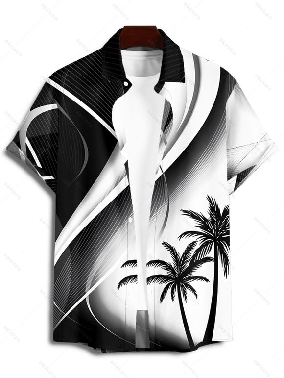 Ombre Coconut Tree Print V Neck Spaghetti Strap Dress and Roll Up Sleeve Shirt Outfit - Noir S | US 4