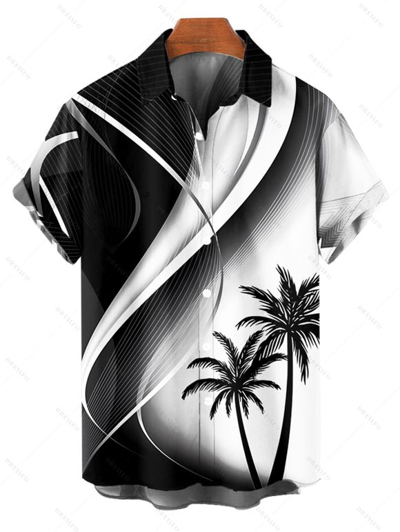 Ombre Coconut Tree Print V Neck Spaghetti Strap Dress and Roll Up Sleeve Shirt Outfit - Noir S | US 4