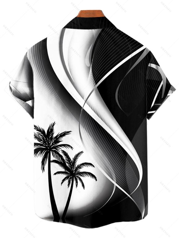 Ombre Coconut Tree Print V Neck Spaghetti Strap Dress and Roll Up Sleeve Shirt Outfit - Noir S | US 4