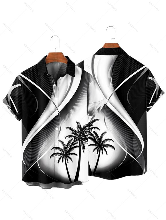 Ombre Coconut Tree Print V Neck Spaghetti Strap Dress and Roll Up Sleeve Shirt Outfit - Noir S | US 4