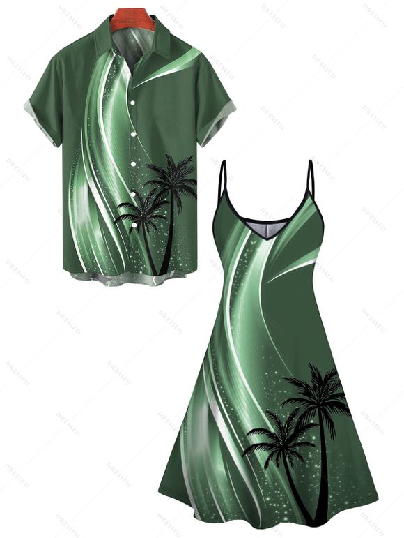 Ombre Coconut Tree Print V Neck Spaghetti Strap Dress and Roll Up Sleeve Shirt Outfit - Vert profond S | US 4