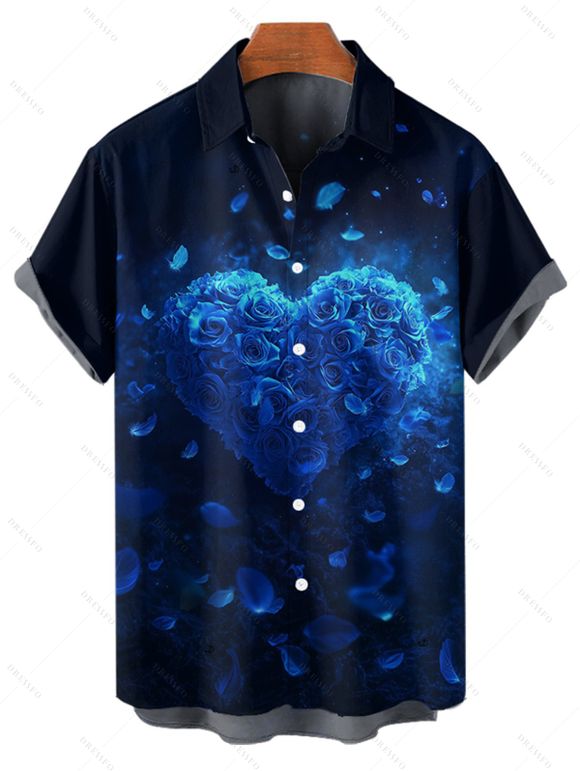 Chemise Rose et Cœur Imprimés Boutonnée Saint-Valentin à Manches Courtes - Bleu de Minuit 5XL