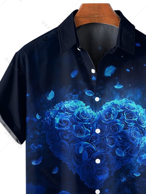 Chemise Rose et Cœur Imprimés Boutonnée Saint-Valentin à Manches Courtes - Bleu de Minuit L