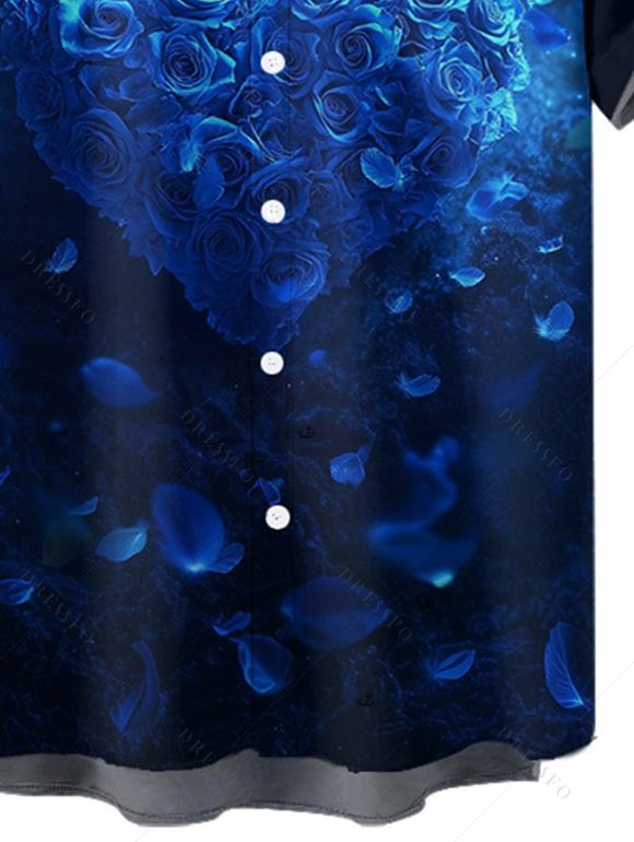 Chemise Rose et Cœur Imprimés Boutonnée Saint-Valentin à Manches Courtes - Bleu de Minuit L