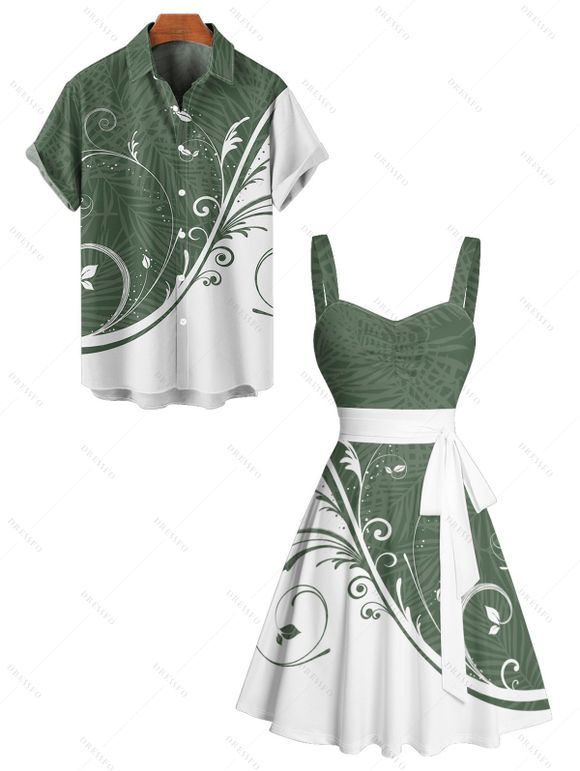 Colorblock Leaf Print Ruched Bust Mini Belted Dress And Short Sleeve Vacation Shirt Matching Outfit - Vert profond S | US 4