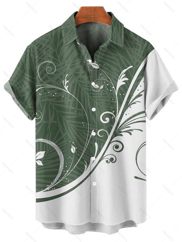 Chemise de Vacances Boutonnée Feuille Imprimée en Blocs de Couleurs Manches Courtes à Col Relevé - Vert profond 5XL