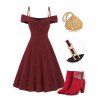 Sequin Fabric Chain Straps Cold Shoulder Mini Party Dress And Rhinestones Ankle Boots Shiny Faux Diamond Handbag  Outfit - Rouge foncé S | US 4