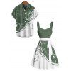 Colorblock Leaf Print Ruched Bust Mini Belted Dress And Short Sleeve Vacation Shirt Matching Outfit - Vert profond S | US 4