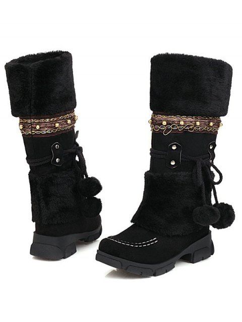 Mid-Heel Ethnic Style Winter Boots Faux Fur Lining Pom-Pom Decoration High Boots