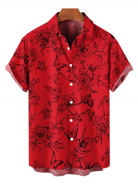 Rose Flower Butterfly Print Short Sleeve Shirt Button Up Turndown Collar Vacation Shirt