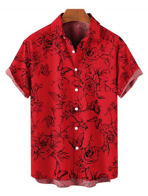 Chemise de Vacances Fleur et Papillon Imprimés Boutonnée Manches Courtes à Col Relevé