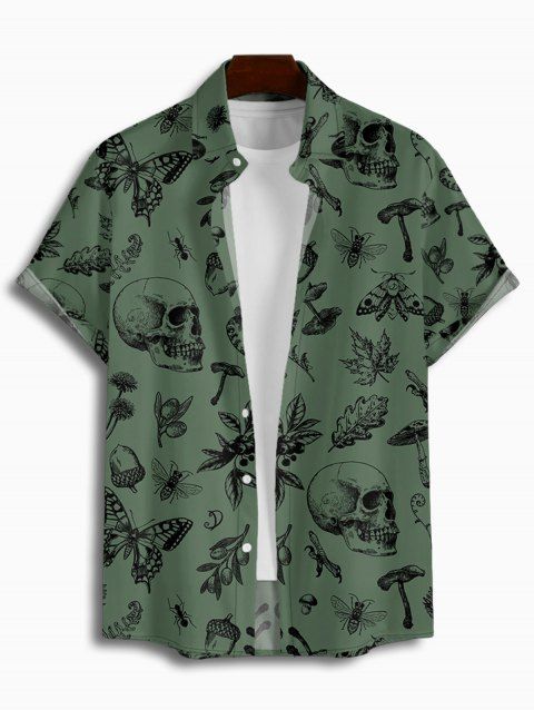 Skull Mushroon Butterfly Allover Print Short Sleeve Shirt Turndown Collar Button Up Shirt