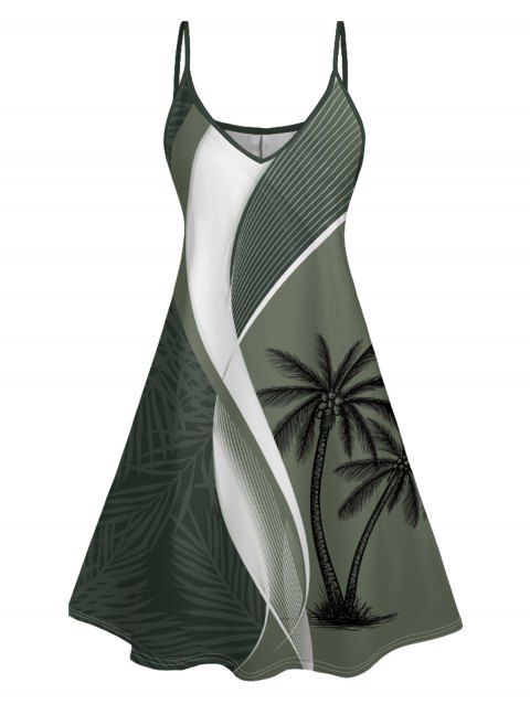 Colorblock Coconut Tree Leaf Print Vacation Dress V Neck Spaghetti Strap A Line Dress