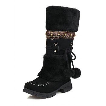 Mid-Heel Ethnic Style Winter Boots Faux Fur Lining Pom-Pom Decoration High Boots