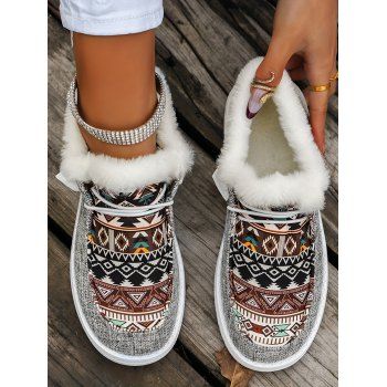Tribal Print Lace-Up Canvas Flats Boots Faux Fur Trim Women's Casual Shoes