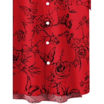 Rose Flower Butterfly Print Short Sleeve Shirt Button Up Turndown Collar Vacation Shirt